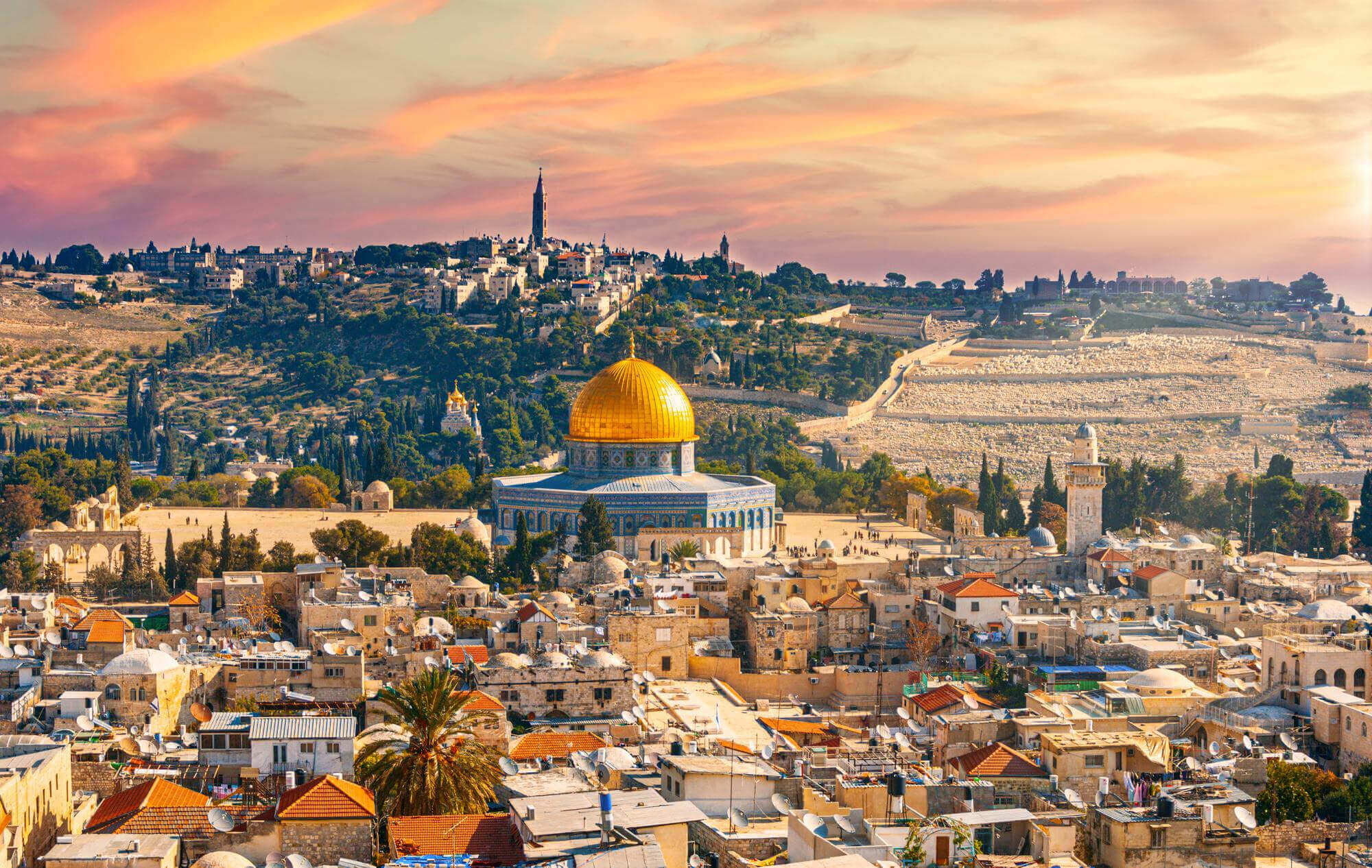Jerusalem Old City panorama at sunset
